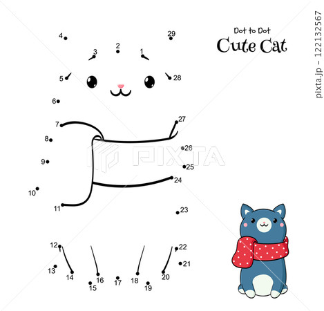 Connect The Dots and Draw Cute Cat. Dot to dot puzzle - cartoon little kitty. Educational Game for Kids. Drawing for Preschool children. Vector Illustration EPS8 122132567