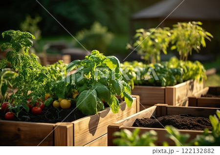 Sustainable Urban Gardening Wooden Raised Beds in Modern Garden Cultivating a Variety of Plants, Herbs, Spices, and Vegetables in a Community Urban. created with Generative AI 122132882