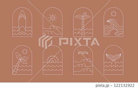 Retro style, bohemian linear surfing, ocean, sea, sunrise, sunset badge, icon, design. Simple geometric surf camp, resort logo design frame template. Retro style, bohemian linear surfing, ocean, sea, sunrise, sunset badge, icon, design. Simple geometric surf camp, resort logo design frame template. 122132922