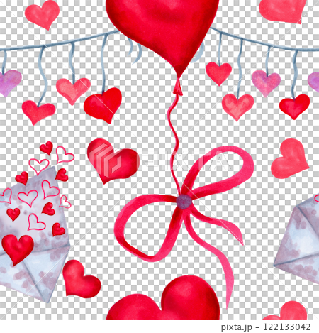 Heart balloon with envelope and bow, garland. Seamless pattern. Watercolor illustration. Hand drawn isolated art. For romantic Valentine's Day decoration. For invitations and holidays, textile, paper. 122133042