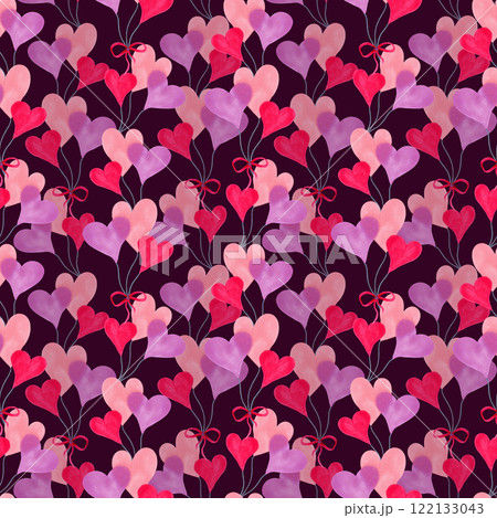 Seamless pattern with hearts and bow for Valentine's Day on burgundy background. Watercolor and marker illustrations. Hand drawn isolated art. Backdrop for birthday, textile, fabric. Love. 122133043