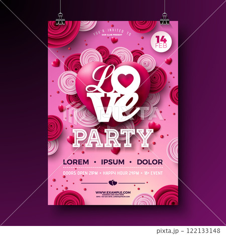 Valentine's Day Party Flyer Design with Rose Flower and Red Heart on Pink Background. Vector Saint Valentine Day Romantic Love Celebration Design for Flyer, Greeting Card, Banner, Holiday Poster or Valentine's Day Party Flyer Design with Rose Flower and Red Heart on Pink Background. Vector Saint Valentine Day Romantic Love Celebration Design for Flyer, Greeting Card, Banner, Holiday Poster or 122133148