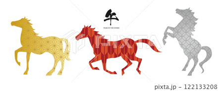午年の年賀状のイラスト素材セット ベクター シルエット 和柄 干支 馬  122133208