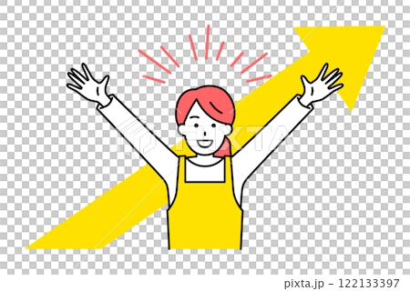 一個穿著圍裙的女人對升起的箭和萬歲感到高興 一個穿著圍裙的女人對升起的箭和萬歲感到高興 122133397