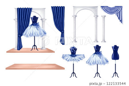 Blue ballet dance tutus, stage costumes. A skirt worn on a mannequin. A theatrical backstage, a shop window, an atelier, an outfit for a fashion show and a masquerade. Digital isolated illustration Blue ballet dance tutus, stage costumes. A skirt worn on a mannequin. A theatrical backstage, a shop window, an atelier, an outfit for a fashion show and a masquerade. Digital isolated illustration 122133544