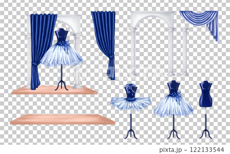 Blue ballet dance tutus, stage costumes. A skirt worn on a mannequin. A theatrical backstage, a shop window, an atelier, an outfit for a fashion show and a masquerade. Digital isolated illustration Blue ballet dance tutus, stage costumes. A skirt worn on a mannequin. A theatrical backstage, a shop window, an atelier, an outfit for a fashion show and a masquerade. Digital isolated illustration 122133544