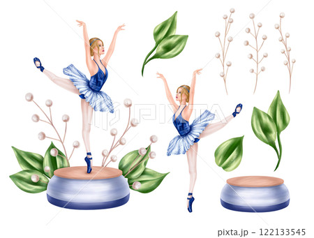 Performing artists of theater and ballet in blue suits on pod. A music box with a dancing ballerina in a tutu dress, pointe shoes. Beautiful princess decorated leaves, flowers. Isolated illustration 122133545