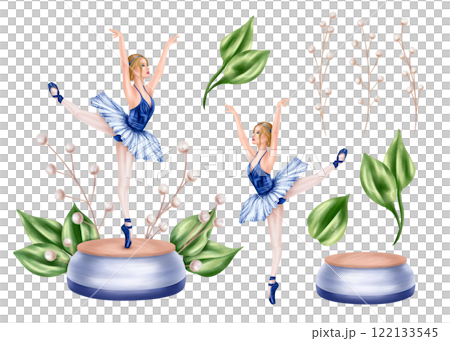 Performing artists of theater and ballet in blue suits on pod. A music box with a dancing ballerina in a tutu dress, pointe shoes. Beautiful princess decorated leaves, flowers. Isolated illustration 122133545