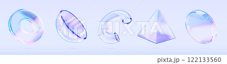 3d glass liquid holographic transparent geometric shapes render icon set. Abstract gradient fluid figures triangle, cylinder, half sphere, torus, circle tube objects isolated elements. 3D illustration 122133560