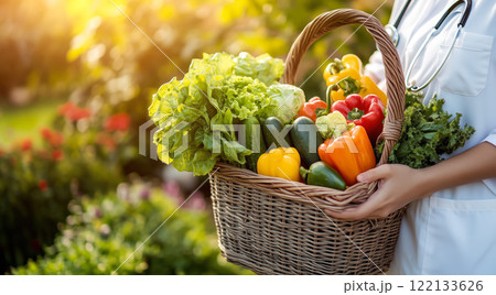 A nutritionist holds fruits and vegetables in their hands. The concept of healthy eating, balanced nutrition, and promoting wellness through natural food choices. Generative AI. 122133626