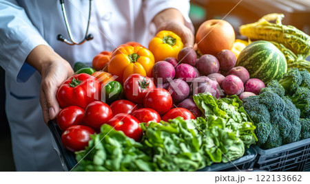 A nutritionist holds fruits and vegetables in their hands. The concept of healthy eating, balanced nutrition, and promoting wellness through natural food choices. Generative AI. 122133662
