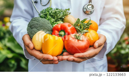 A nutritionist holds fruits and vegetables in their hands. The concept of healthy eating, balanced nutrition, and promoting wellness through natural food choices. Generative AI. 122133663