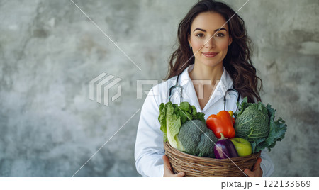A nutritionist holds fruits and vegetables in their hands. The concept of healthy eating, balanced nutrition, and promoting wellness through natural food choices. Generative AI. 122133669
