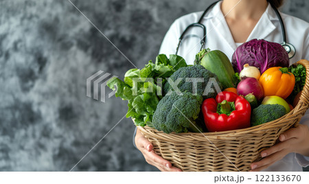 A nutritionist holds fruits and vegetables in their hands. The concept of healthy eating, balanced nutrition, and promoting wellness through natural food choices. Generative AI. 122133670