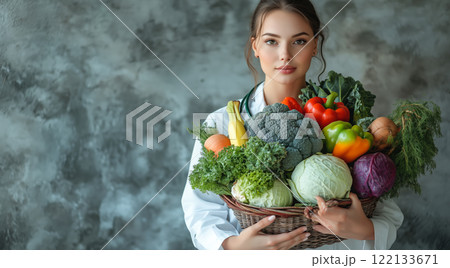 A nutritionist holds fruits and vegetables in their hands. The concept of healthy eating, balanced nutrition, and promoting wellness through natural food choices. Generative AI. 122133671