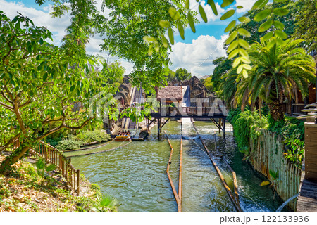Beautiful landscape of humid tropical jungle amusement park. Beautiful landscape of humid tropical jungle amusement park. 122133936
