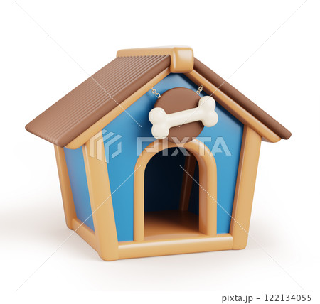 3d dog house, kennel or box cartoon render icon. Isolated blue doghouse with wood roof, arched entrance and bone signboard for puppy. Wooden cabin or cottage for garden or pet shelter. 3D illustration 122134055