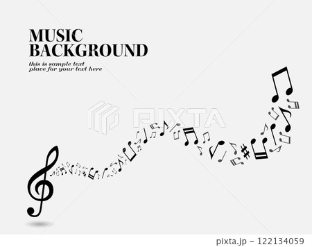 ウェーブするメロディーラインと音符粒子の背景イラスト 122134059