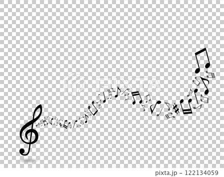 ウェーブするメロディーラインと音符粒子の背景イラスト 122134059