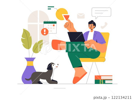 Remote Working Setup Vector Illustration of a Balanced Work Life Environment with Flextime, Emphasizing Flexibility and Productivity from the Home 122134211