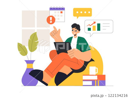 Remote Working Setup Vector Illustration of a Balanced Work Life Environment with Flextime, Emphasizing Flexibility and Productivity from the Home 122134216
