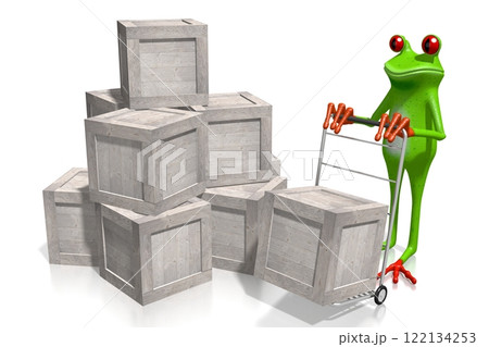 Cartoon frog and wooden boxes Cartoon frog and wooden boxes 122134253