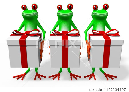 Cartoon frogs holding gift boxes 122134307