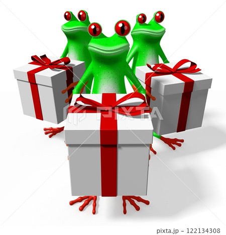 Cartoon frogs holding gift boxes 122134308