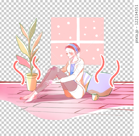 床暖房と暖かそうな女性　窓 122134351