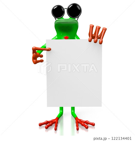 Cartoon frog with sunglasses holds empty, white board 122134401