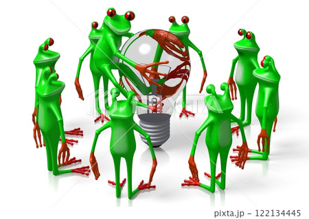 Cartoon frogs standing around a light bulb Cartoon frogs standing around a light bulb 122134445