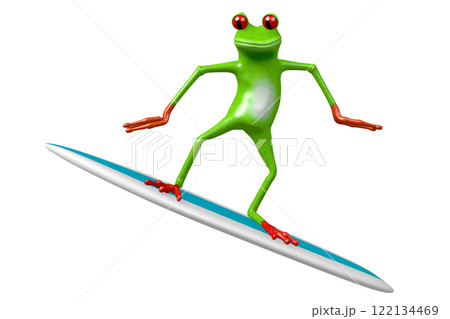 Cartoon frog riding on a surfboard 122134469