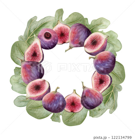 Purple figs with leaves watercolor round wreath frame Illustration isolated on white. Hand drawn label or sticker template with ripe summer fruits for delicious gourmet desserts. Organic food clipart 122134799