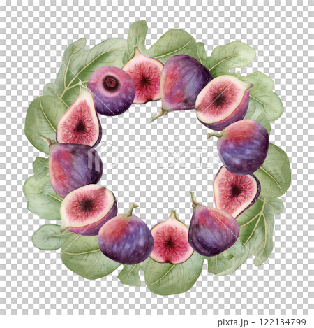 Purple figs with leaves watercolor round wreath frame Illustration isolated on white. Hand drawn label or sticker template with ripe summer fruits for delicious gourmet desserts. Organic food clipart 122134799