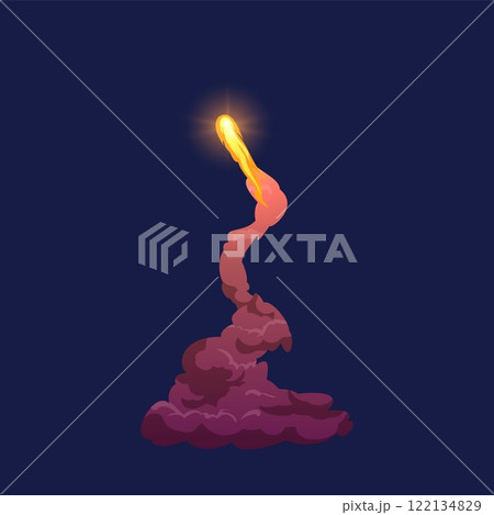 Cartoon rocket smoke flame curve trail, fireball launch, vector red plume spaceship missile launching gas or vapor trace 122134829