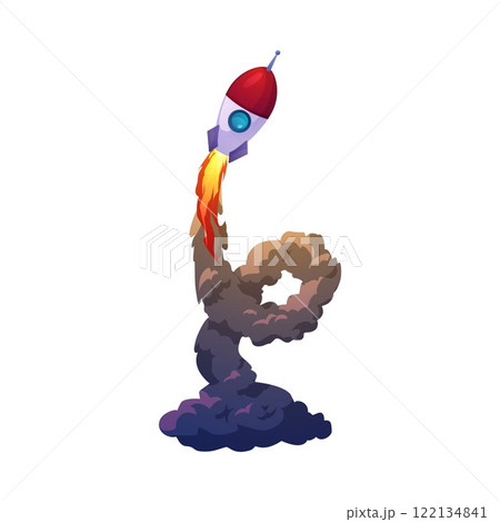 Cartoon rocket swirl flame and smoke trail, vector plume spaceship trail, space shuttle missile launch fiery vapor steam 122134841