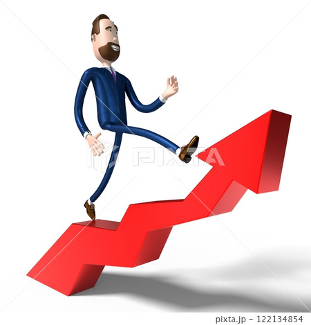 Handsome cartoon businessman and upwards arrow - financial growth, prosperity, success concept - 3D illustration Handsome cartoon businessman and upwards arrow - financial growth, prosperity, success concept - 3D illustration 122134854