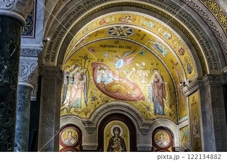 Belgrade, Serbia- 10162024: The Temple Of Saint Sava indoor interior, people pray in an Orthodox church, frescoes on the ceilings and walls of the church 122134882