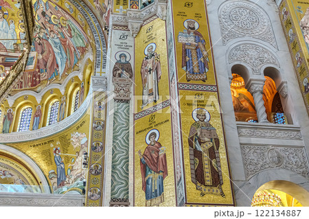 Belgrade, Serbia- 10162024: The Temple Of Saint Sava indoor interior, people pray in an Orthodox church, frescoes on the ceilings and walls of the church 122134887