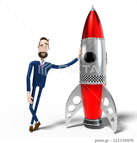 Handsome cartoon businessman and toy rocket, white background - 3D illustration Handsome cartoon businessman and toy rocket, white background - 3D illustration 122134970