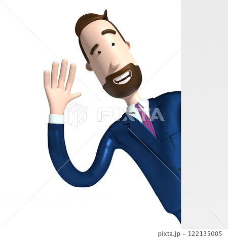 Handsome cartoon businessman waving hand standing behind the corner, white background - 3D illustration 122135005