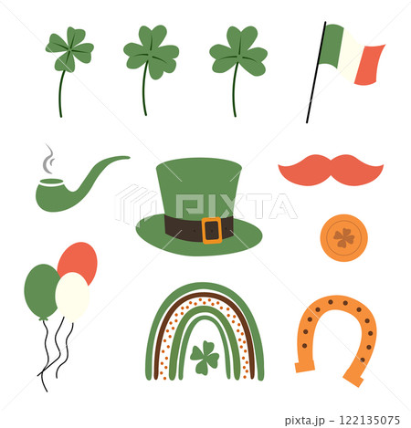 St Patricks Day hat, horseshoe with lucky clovers, gold coin, Irish flag, baloones, pipe and red mustache set for Greeting Card, Party Invitation, Social Media Graphic. Vector illustration St Patricks Day hat, horseshoe with lucky clovers, gold coin, Irish flag, baloones, pipe and red mustache set for Greeting Card, Party Invitation, Social Media Graphic. Vector illustration 122135075