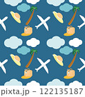 summer seamless concept with flat art cartoon design with plane and beach travel item with palm tree on blue background 122135187