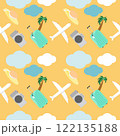 summer seamless concept with flat art cartoon design with plane and beach travel item with palm tree on yellow background 122135188