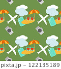 summer seamless concept with flat art cartoon design with plane and beach travel item with palm tree on green background 122135189