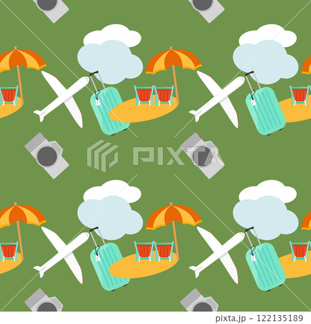 summer seamless concept with flat art cartoon design with plane and beach travel item with palm tree on green background 122135189