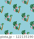 summer seamless concept with flat art cartoon design with tropical leaf and flamingo with palm tree on blue background 122135190