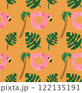 summer seamless concept with flat art cartoon design with tropical leaf and flamingo with palm tree on orange background 122135191