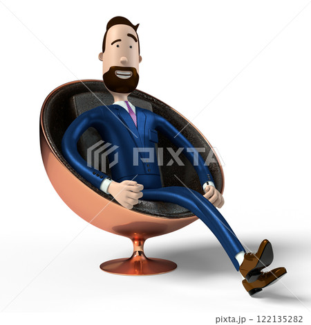 Handsome cartoon businessman sitting in shiny egg/ ball chair - 3D illustration Handsome cartoon businessman sitting in shiny egg/ ball chair - 3D illustration 122135282