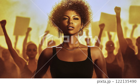 Young woman leading protest march with raised fist 122135490